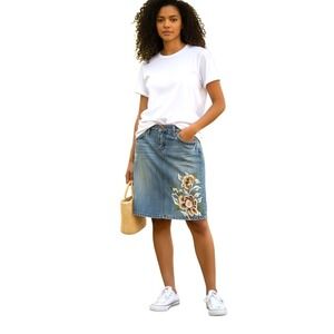 Milky Way Womens Medium Wash Floral Embroidered Denim Skirt SZ M Distressed VTG